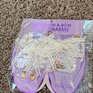 Packed Party White Lace Bow Shoe Charms with Gold Star & Heart Pendants